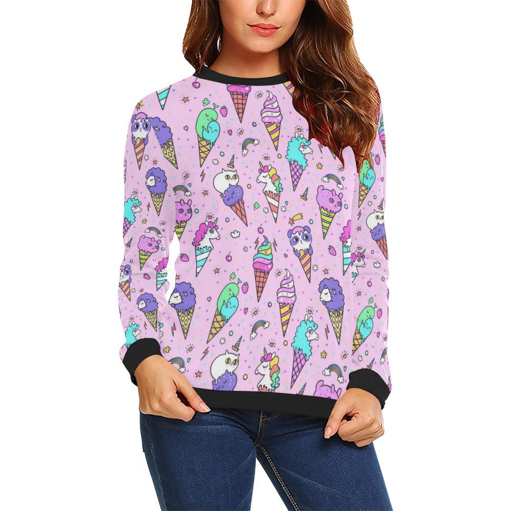 Unicorn Ice Cream Cone Pattern Print Women Crewneck Sweatshirt-grizzshop