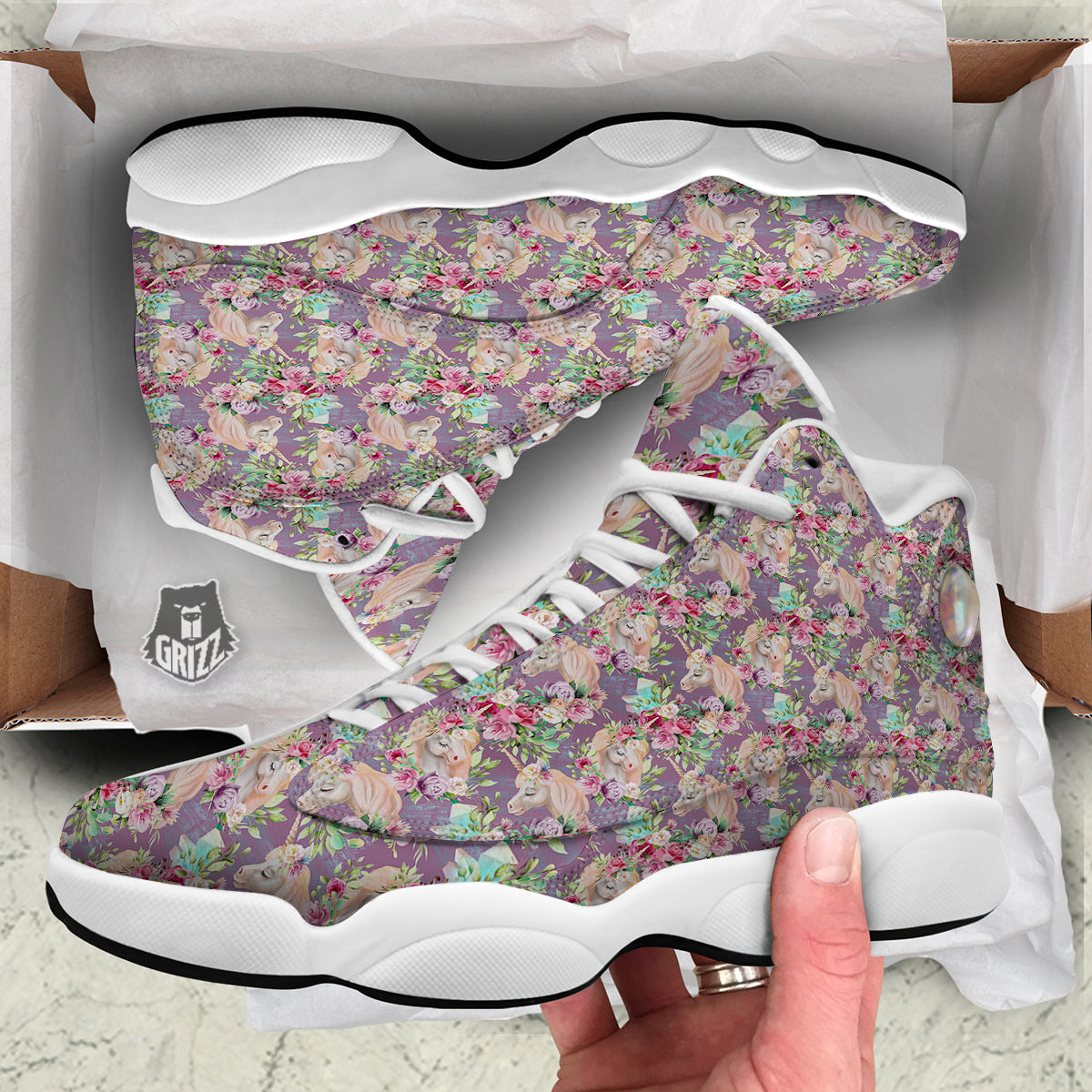 Unicorn Magic Floral Print Pattern White Basketball Shoes-grizzshop
