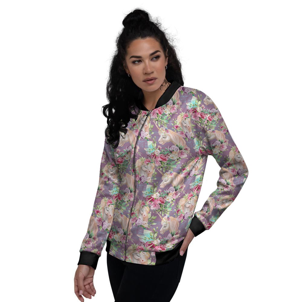 Unicorn Magic Floral Print Pattern Women's Bomber Jacket-grizzshop