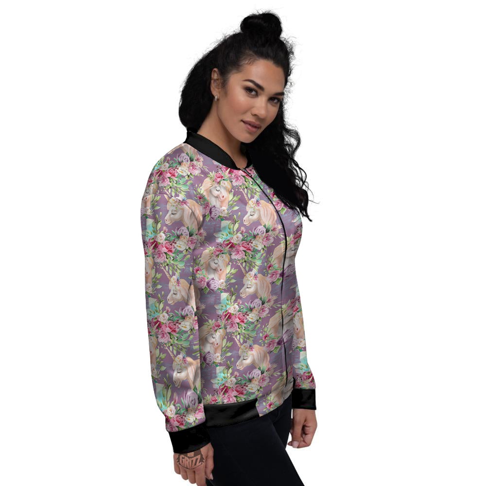 Unicorn Magic Floral Print Pattern Women's Bomber Jacket-grizzshop