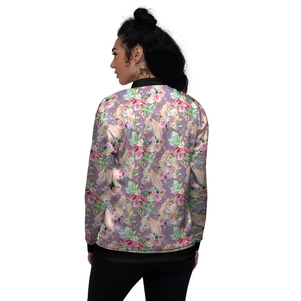 Unicorn Magic Floral Print Pattern Women's Bomber Jacket-grizzshop