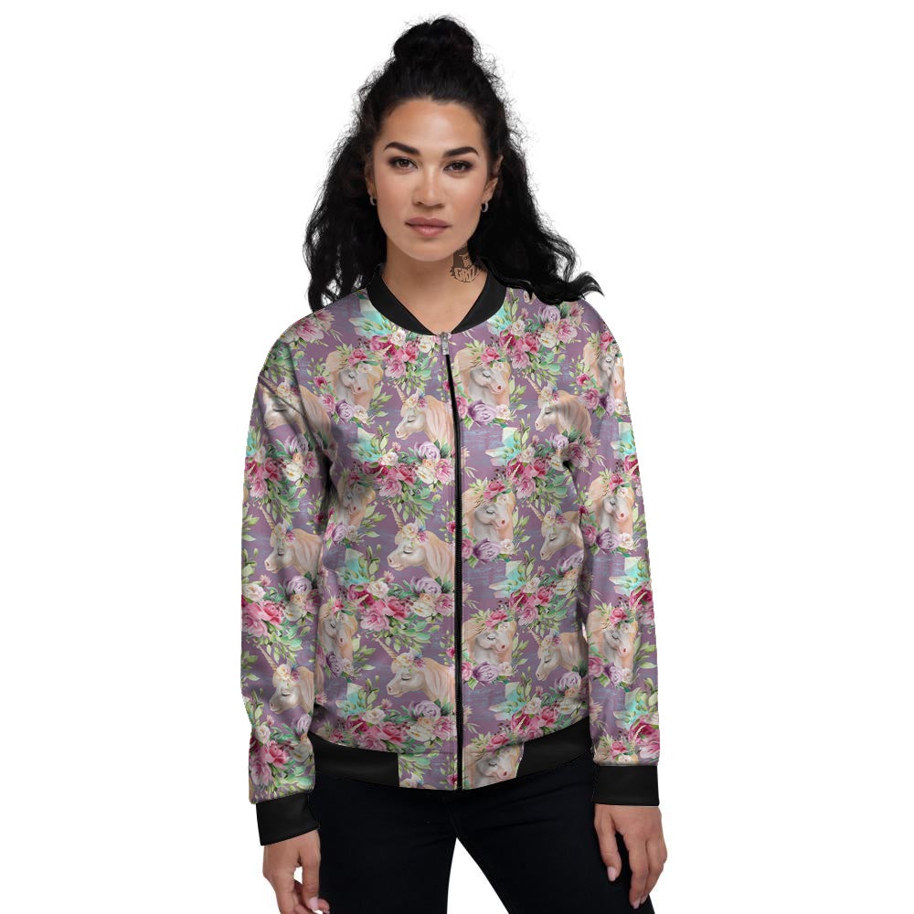 Unicorn Magic Floral Print Pattern Women's Bomber Jacket-grizzshop