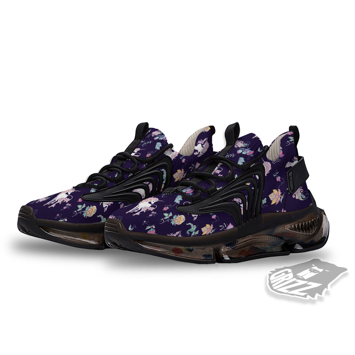 Unicorn Night Floral Print Pattern Black Gym Shoes-grizzshop