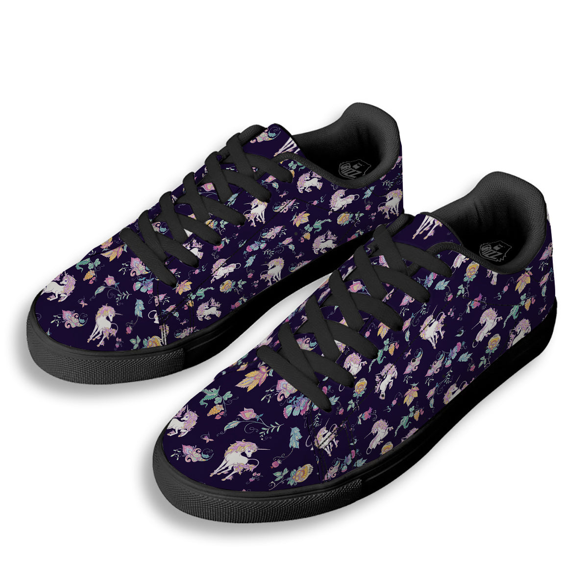 Unicorn Night Floral Print Pattern Black Low Top Sneakers-grizzshop