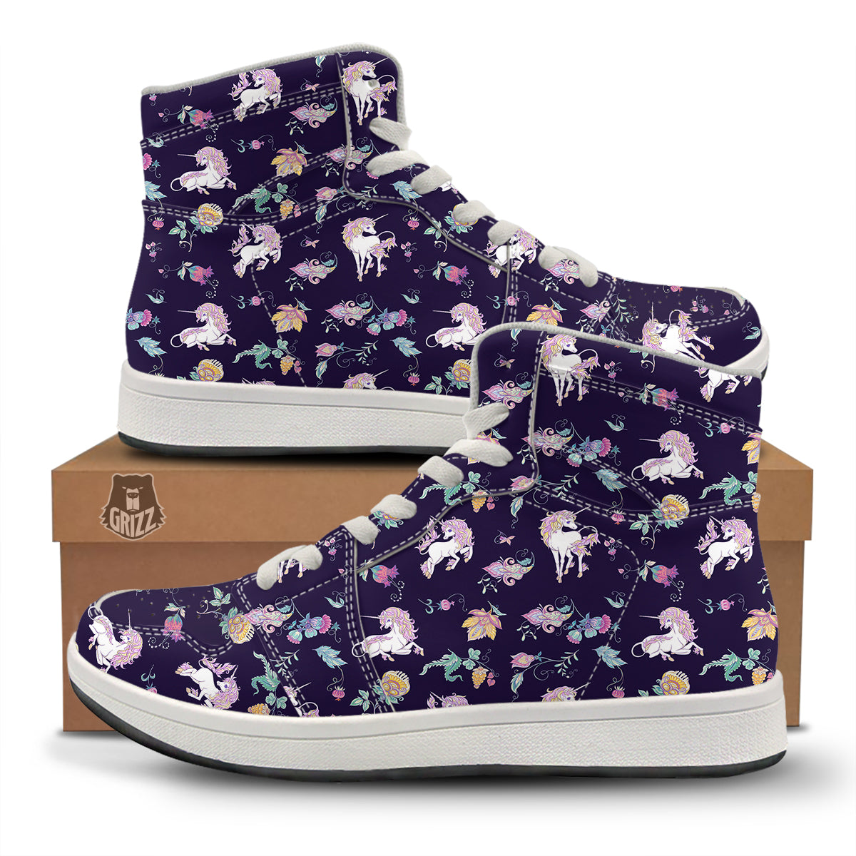 Unicorn Night Floral Print Pattern High Top Sneakers-grizzshop