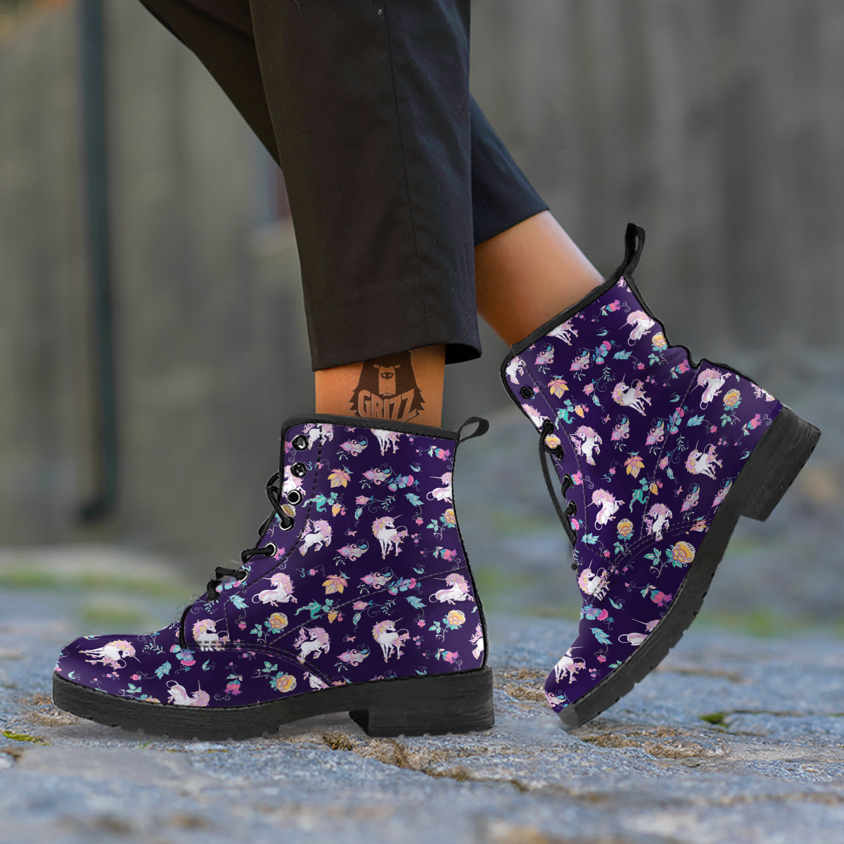 Unicorn Night Floral Print Pattern Leather Boots-grizzshop