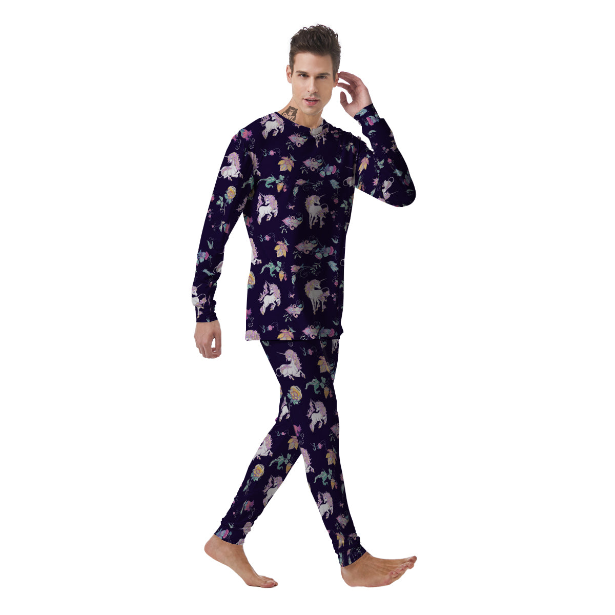 Unicorn Night Floral Print Pattern Men's Pajamas-grizzshop