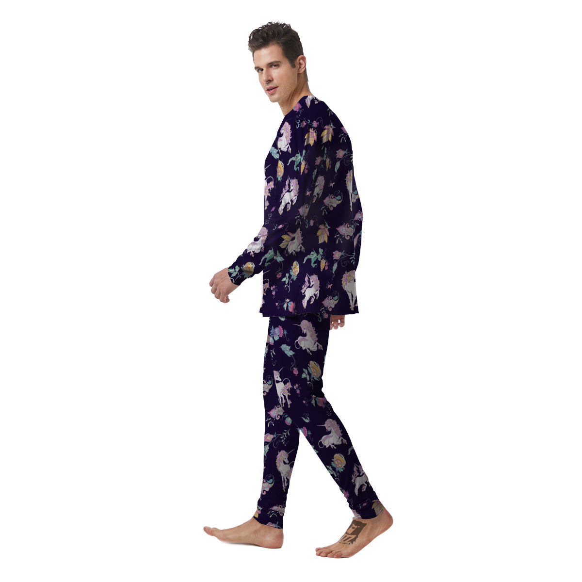 Unicorn Night Floral Print Pattern Men's Pajamas-grizzshop