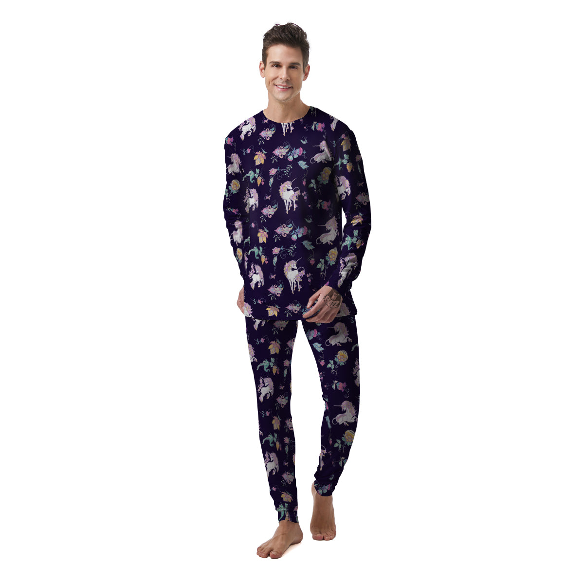 Unicorn Night Floral Print Pattern Men's Pajamas-grizzshop