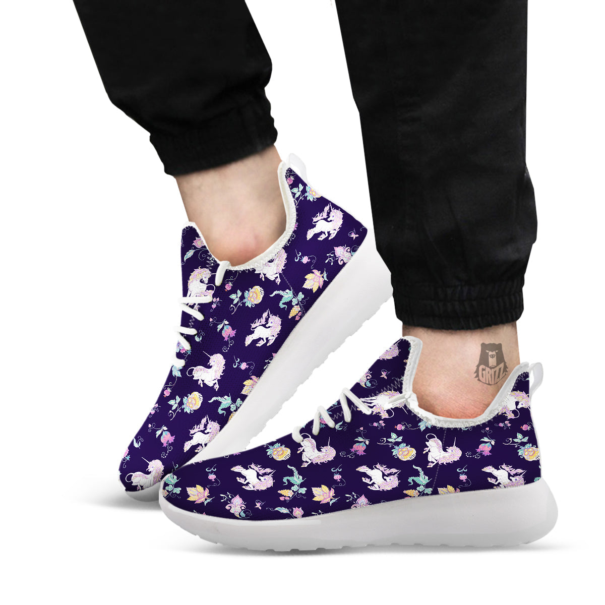 Unicorn Night Floral Print Pattern White Athletic Shoes-grizzshop