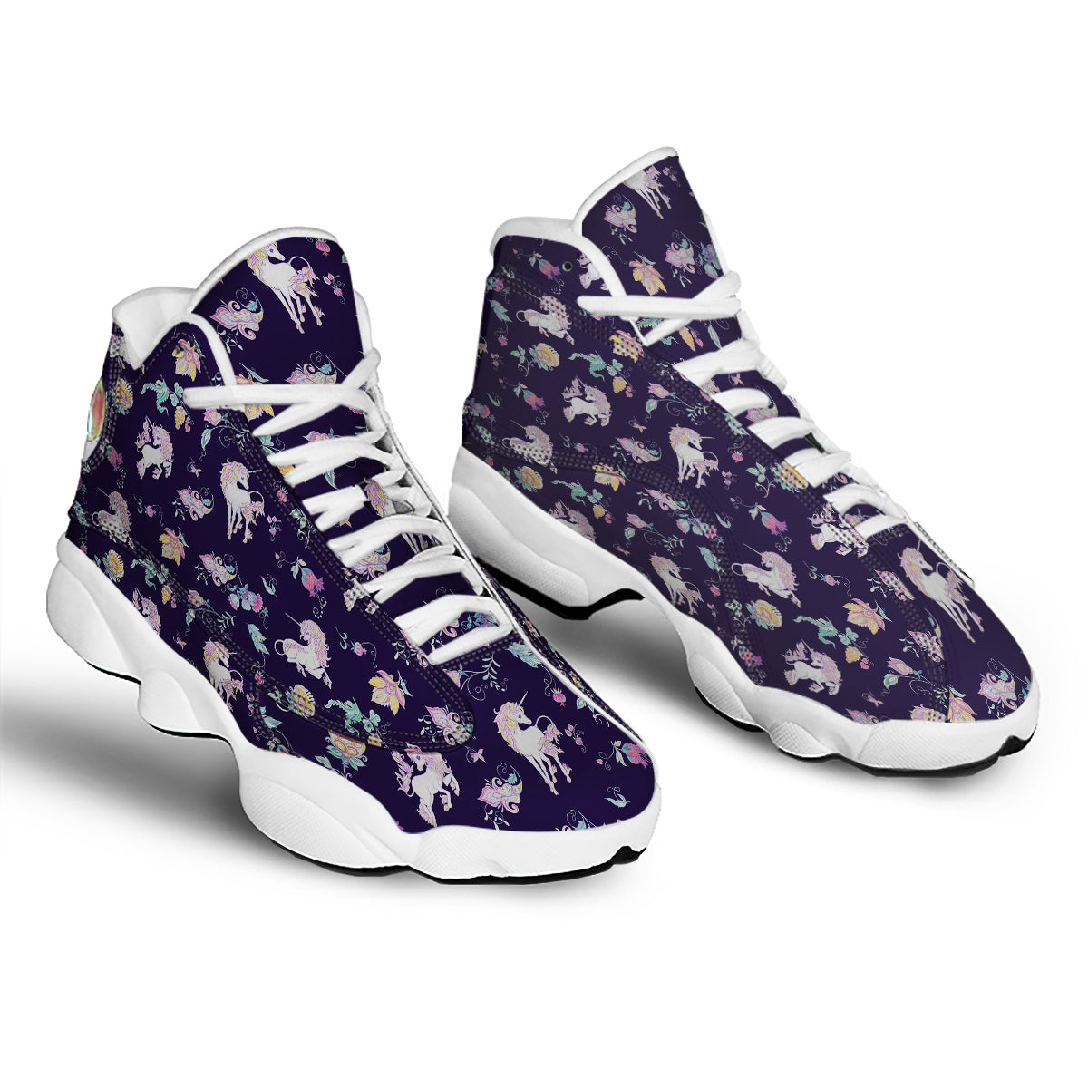 Unicorn Night Floral Print Pattern White Basketball Shoes-grizzshop