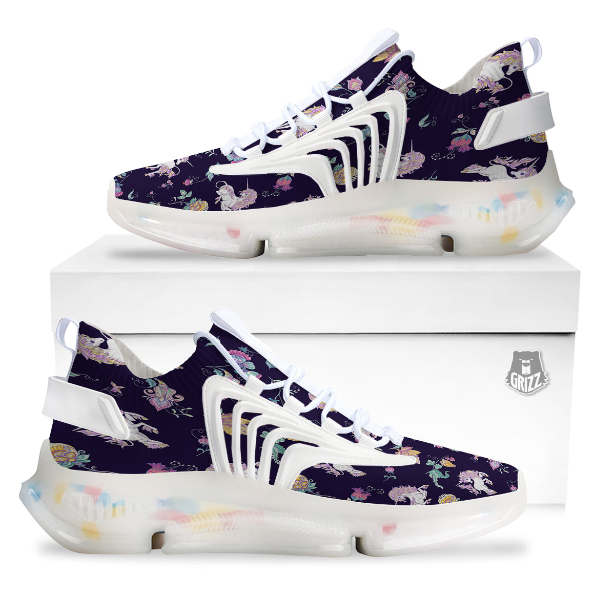 Unicorn Night Floral Print Pattern White Gym Shoes-grizzshop