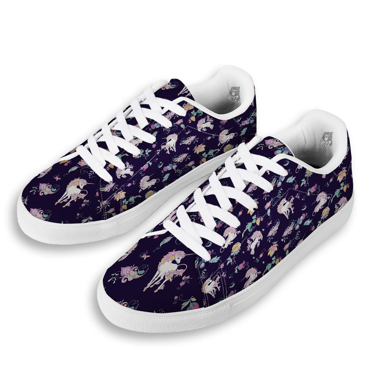 Unicorn Night Floral Print Pattern White Low Top Sneakers-grizzshop