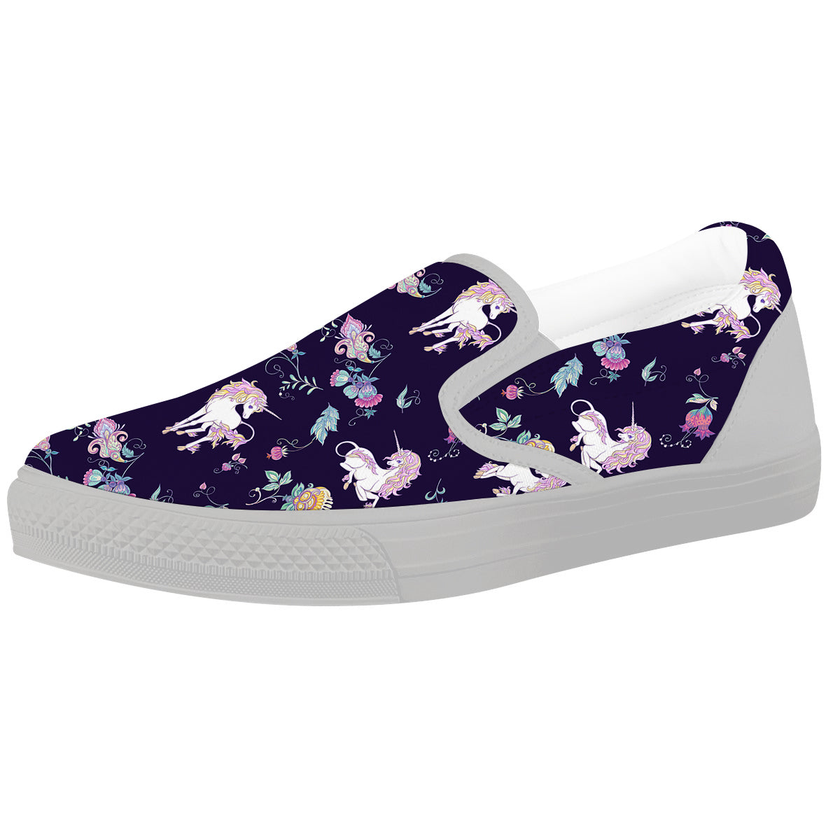Unicorn Night Floral Print Pattern White Slip On Shoes-grizzshop