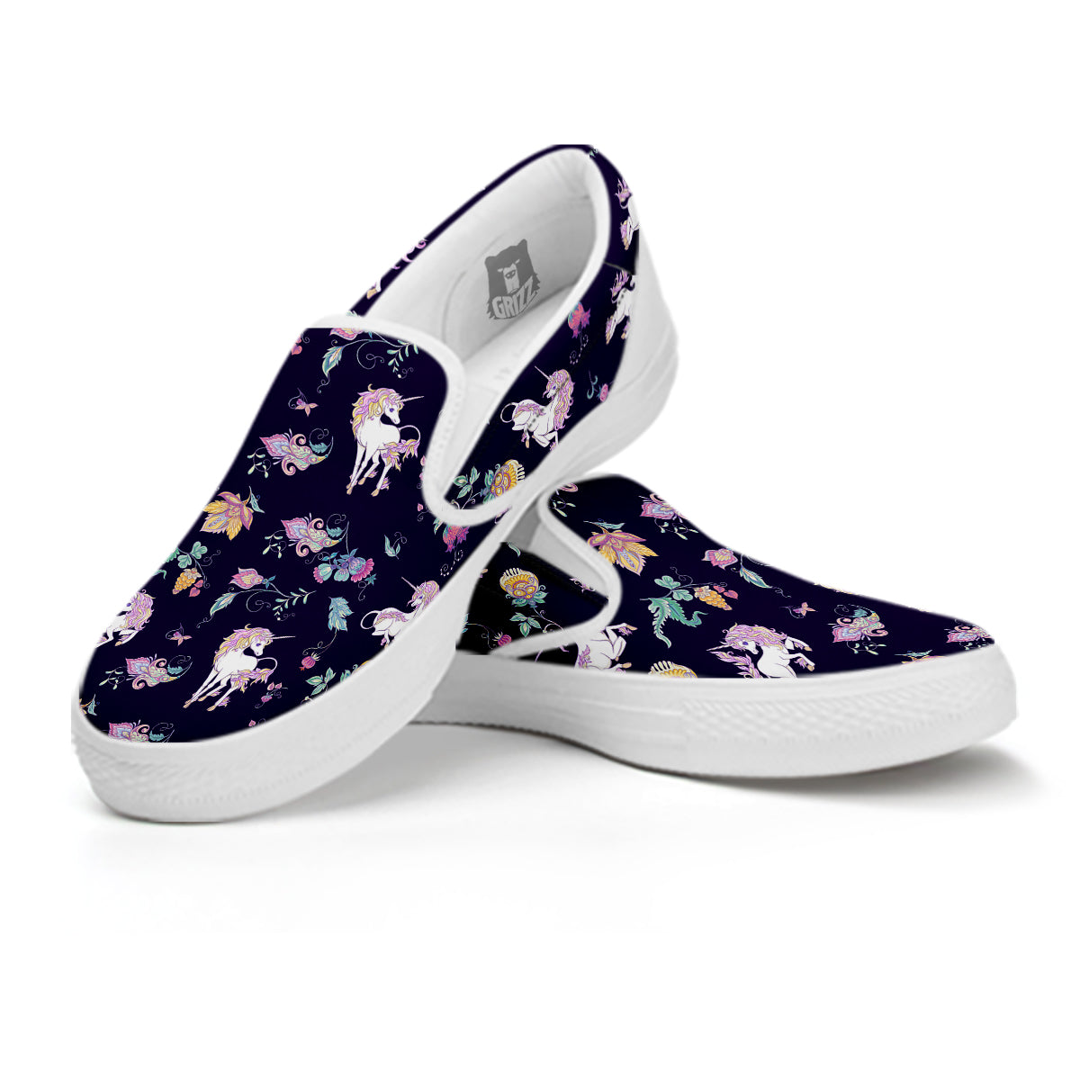Unicorn Night Floral Print Pattern White Slip On Shoes-grizzshop