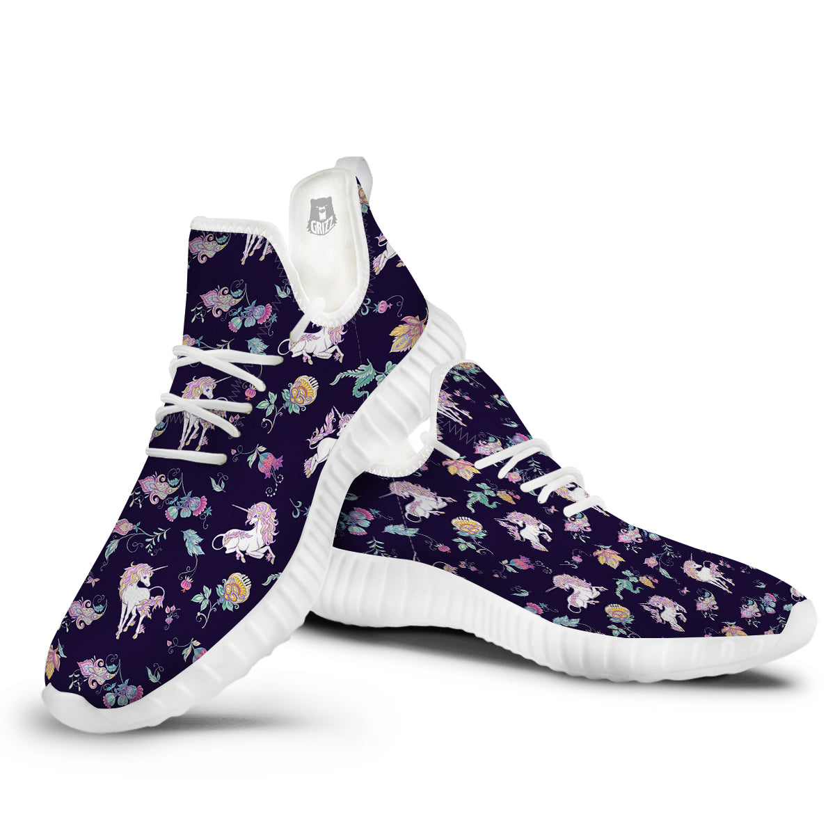Unicorn Night Floral Print Pattern White Walking Shoes-grizzshop