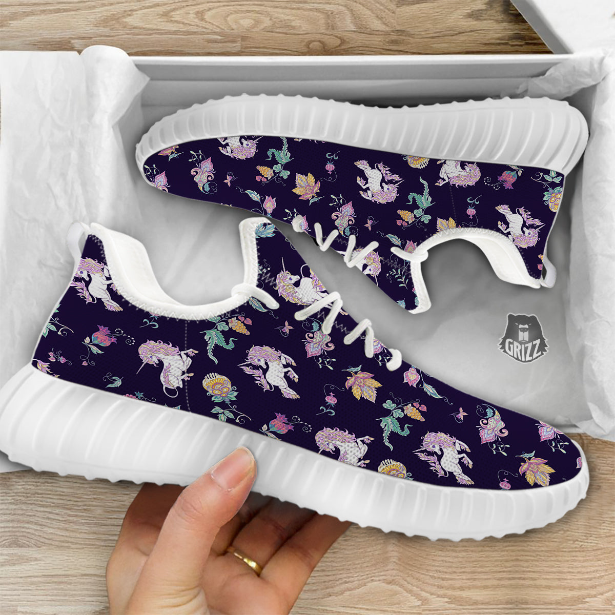 Unicorn Night Floral Print Pattern White Walking Shoes-grizzshop