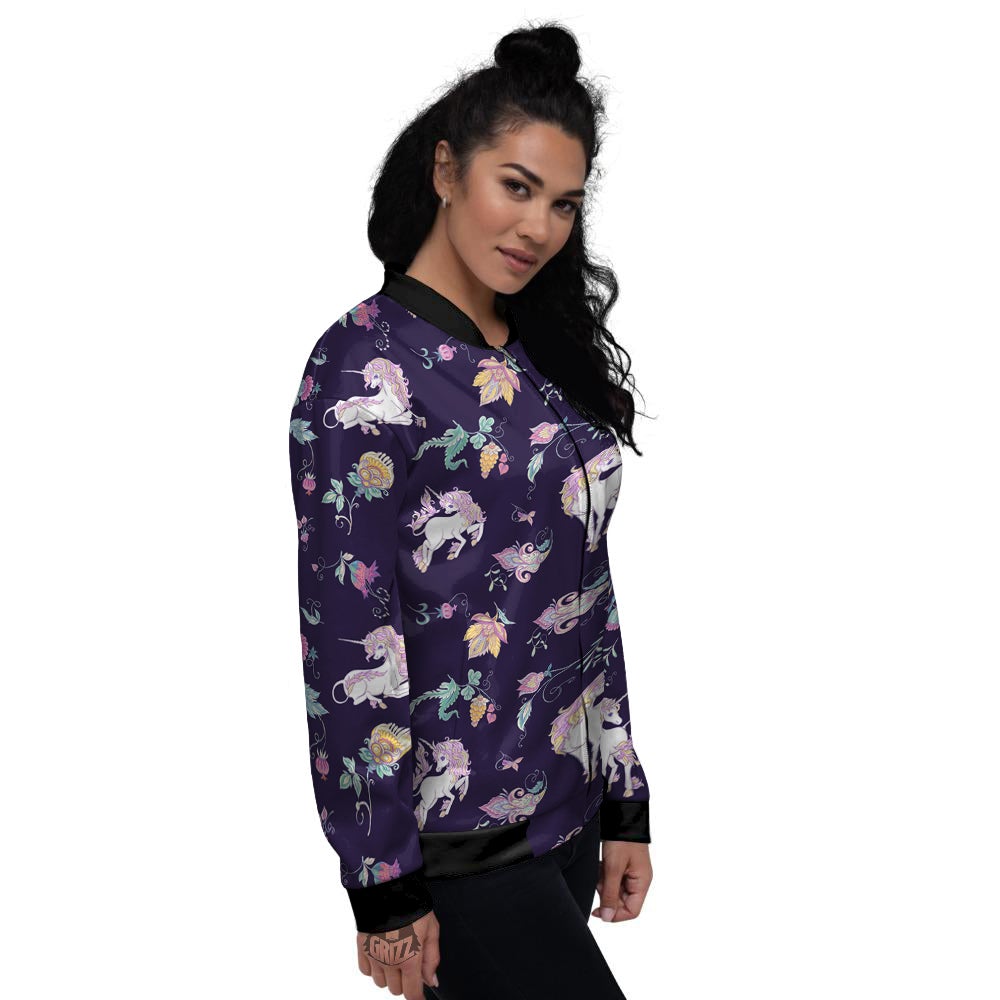 Unicorn Night Floral Print Pattern Women's Bomber Jacket-grizzshop