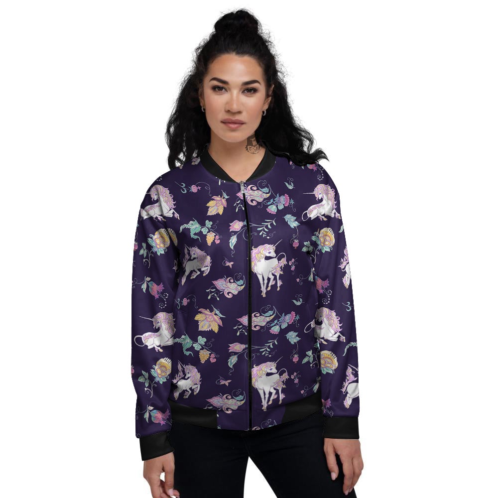 Unicorn Night Floral Print Pattern Women's Bomber Jacket-grizzshop