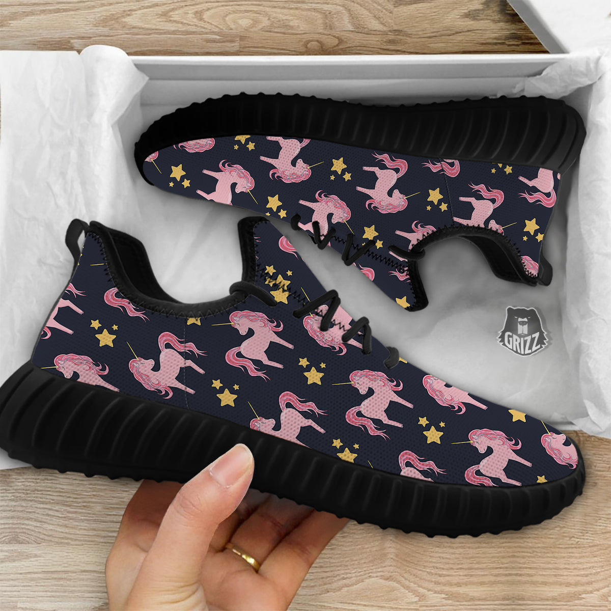 Unicorn Night Star Print Pattern Black Walking Shoes-grizzshop