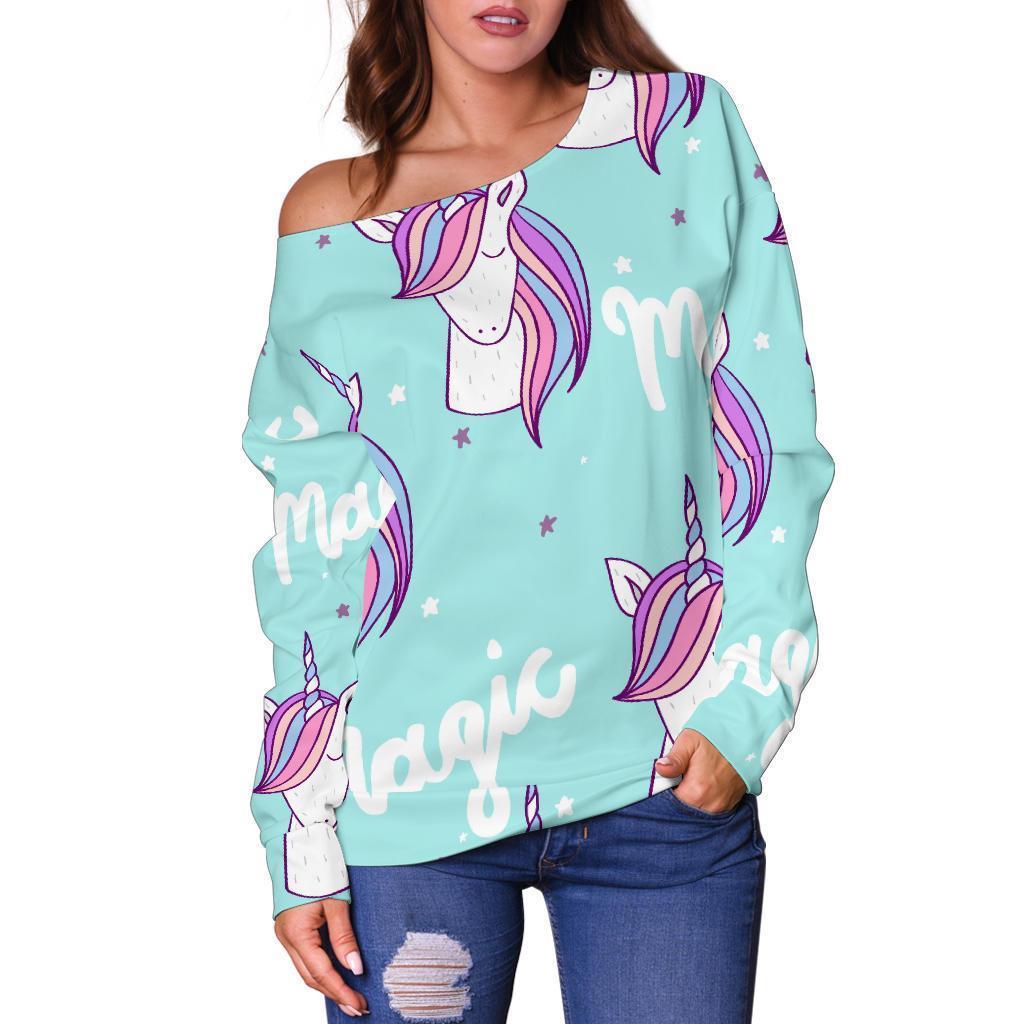 Unicorn Pastel Pattern Print Women Off Shoulder Sweatshirt-grizzshop