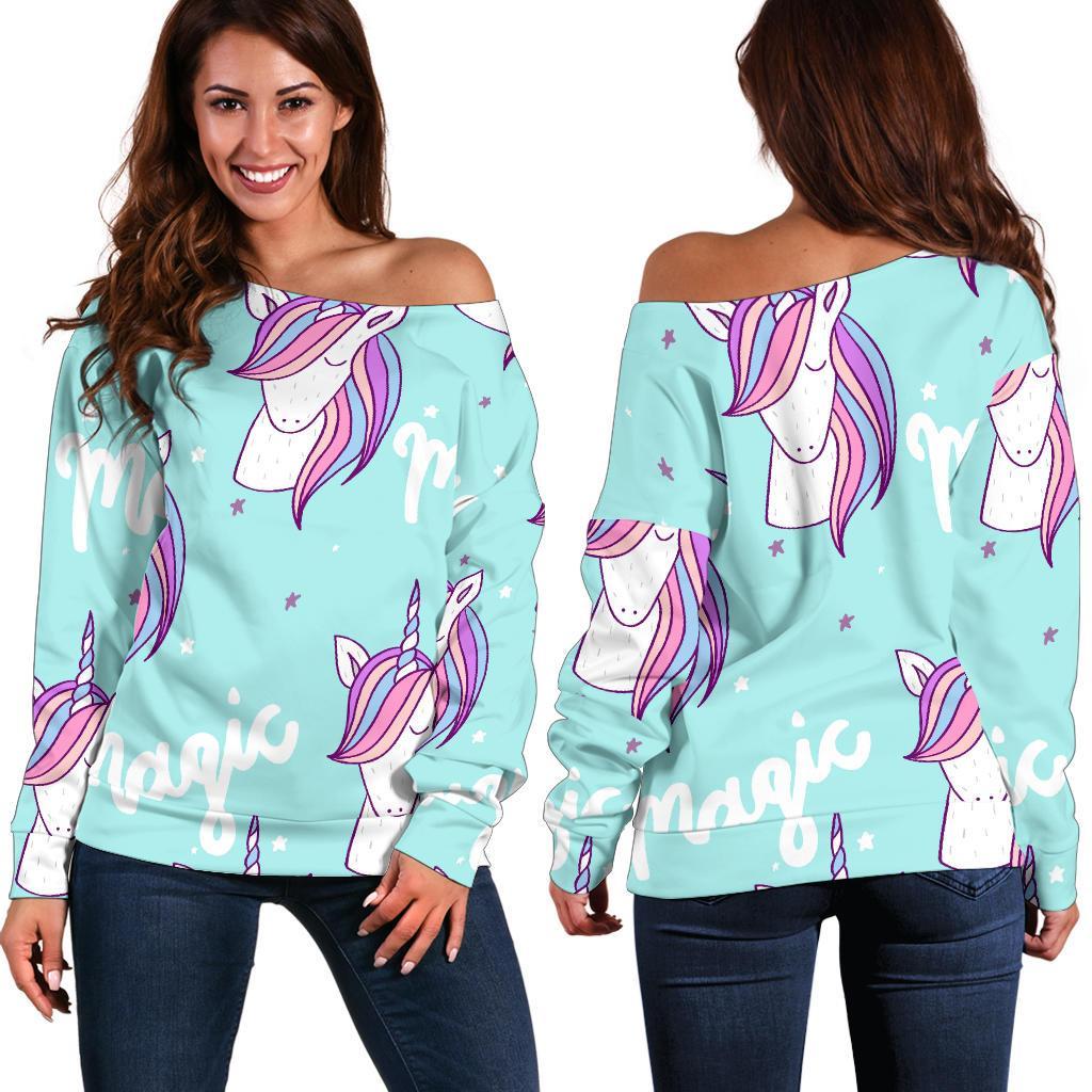 Unicorn Pastel Pattern Print Women Off Shoulder Sweatshirt-grizzshop