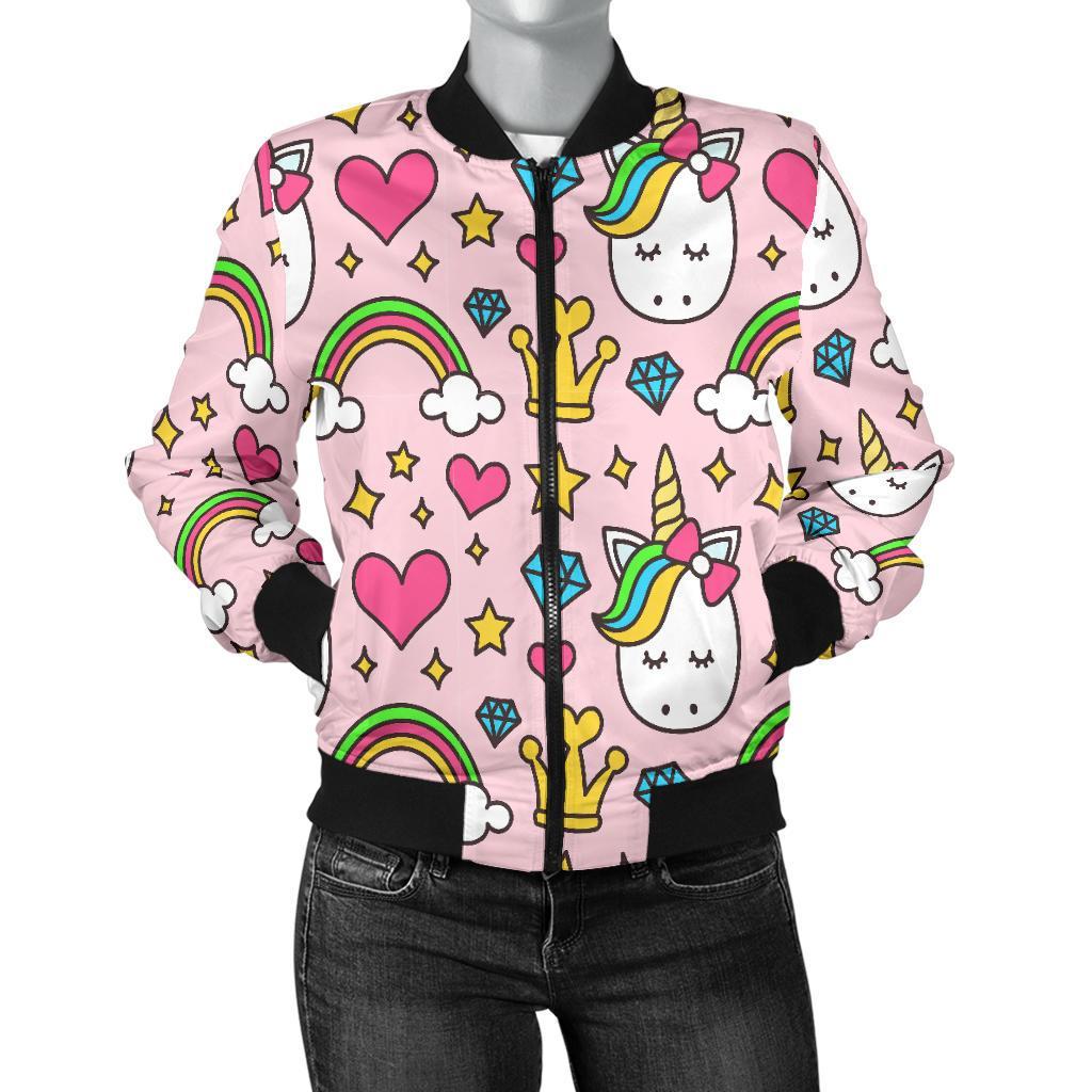 Unicorn Pattern Print Women Casual Bomber Jacket-grizzshop