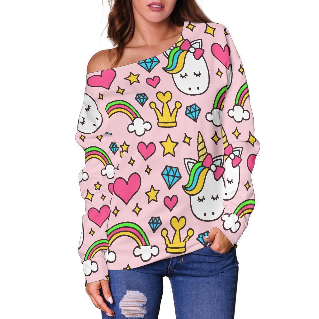 Unicorn Pattern Print Women Off Shoulder Sweatshirt-grizzshop
