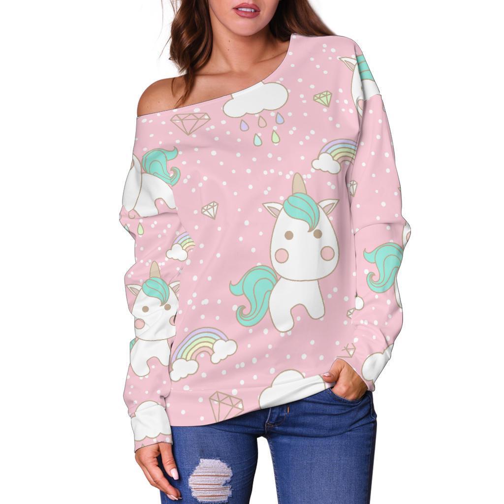 Unicorn Pink Pattern Print Women Off Shoulder Sweatshirt-grizzshop