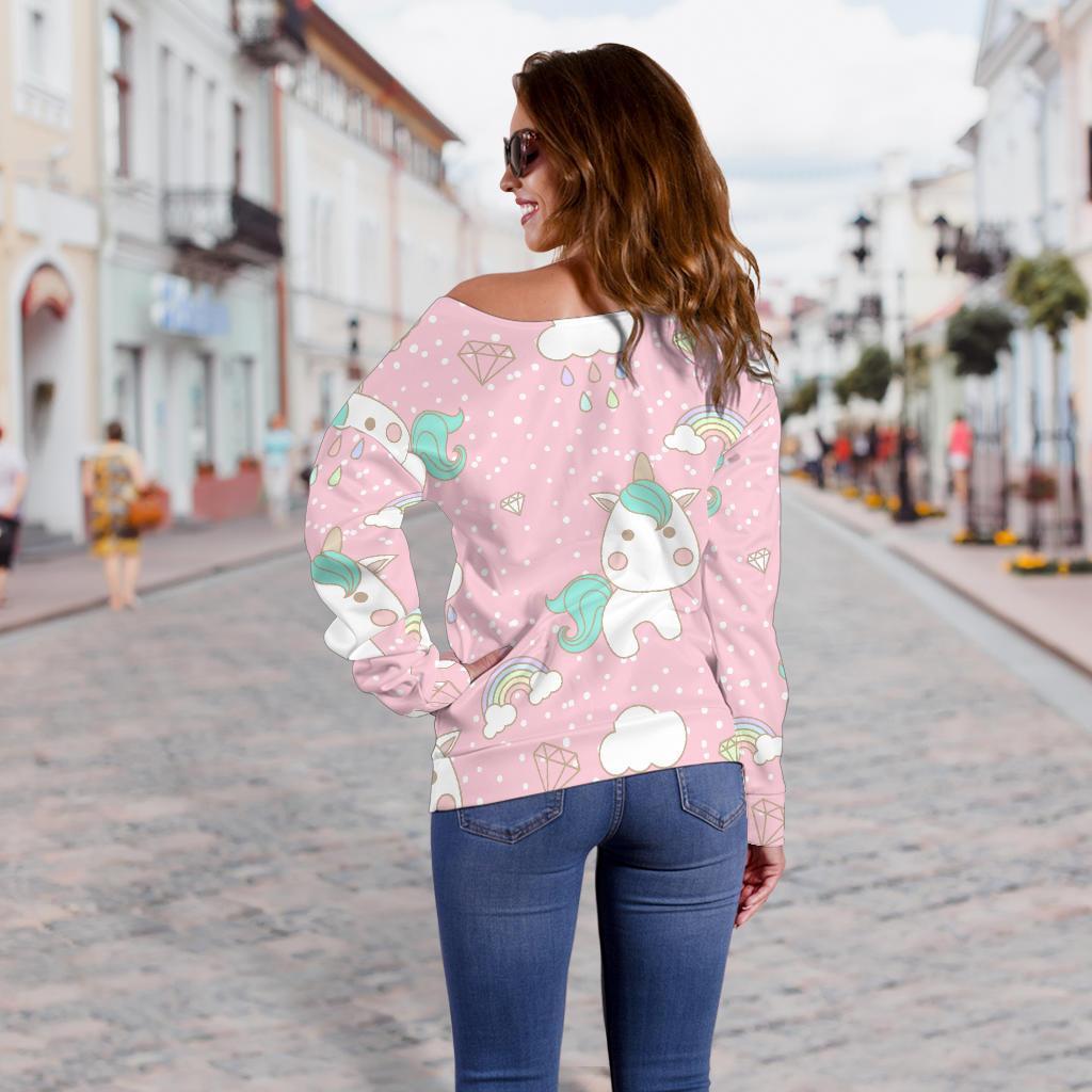 Unicorn Pink Pattern Print Women Off Shoulder Sweatshirt-grizzshop