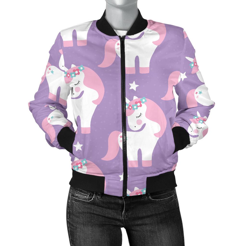 Unicorn Print Pattern Women Casual Bomber Jacket-grizzshop