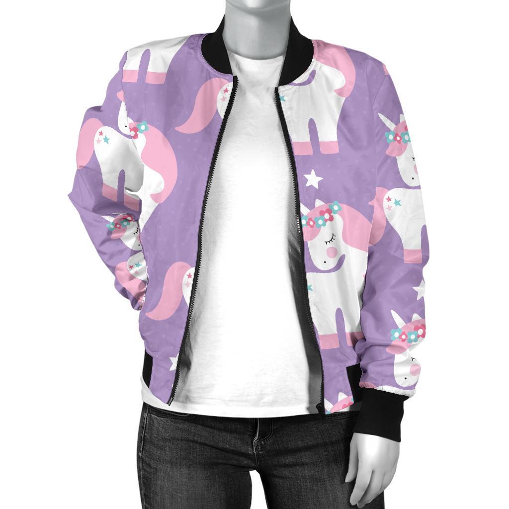 Unicorn Print Pattern Women Casual Bomber Jacket-grizzshop