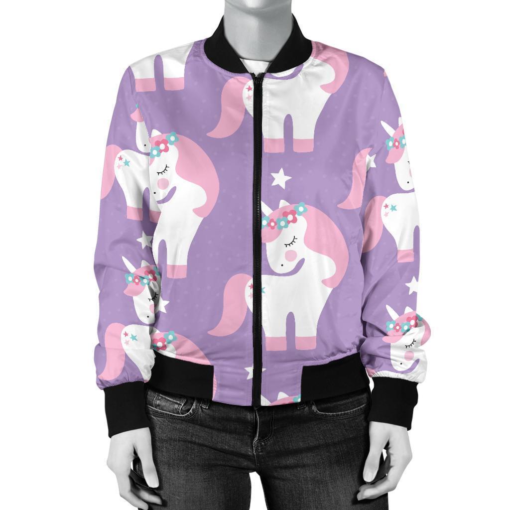 Unicorn Print Pattern Women Casual Bomber Jacket-grizzshop