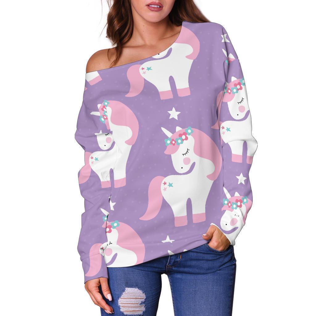 Unicorn Print Pattern Women Off Shoulder Sweatshirt-grizzshop