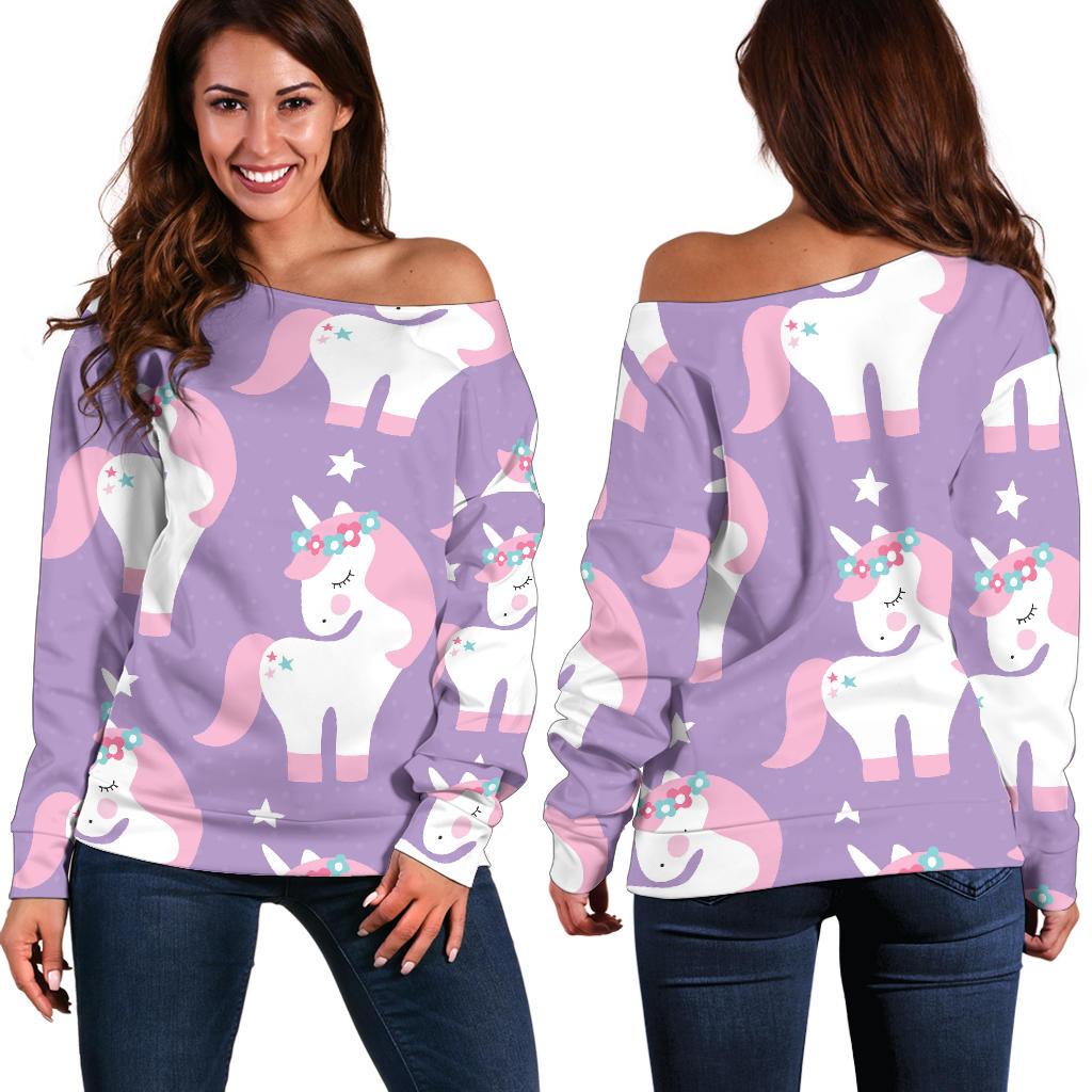 Unicorn Print Pattern Women Off Shoulder Sweatshirt-grizzshop