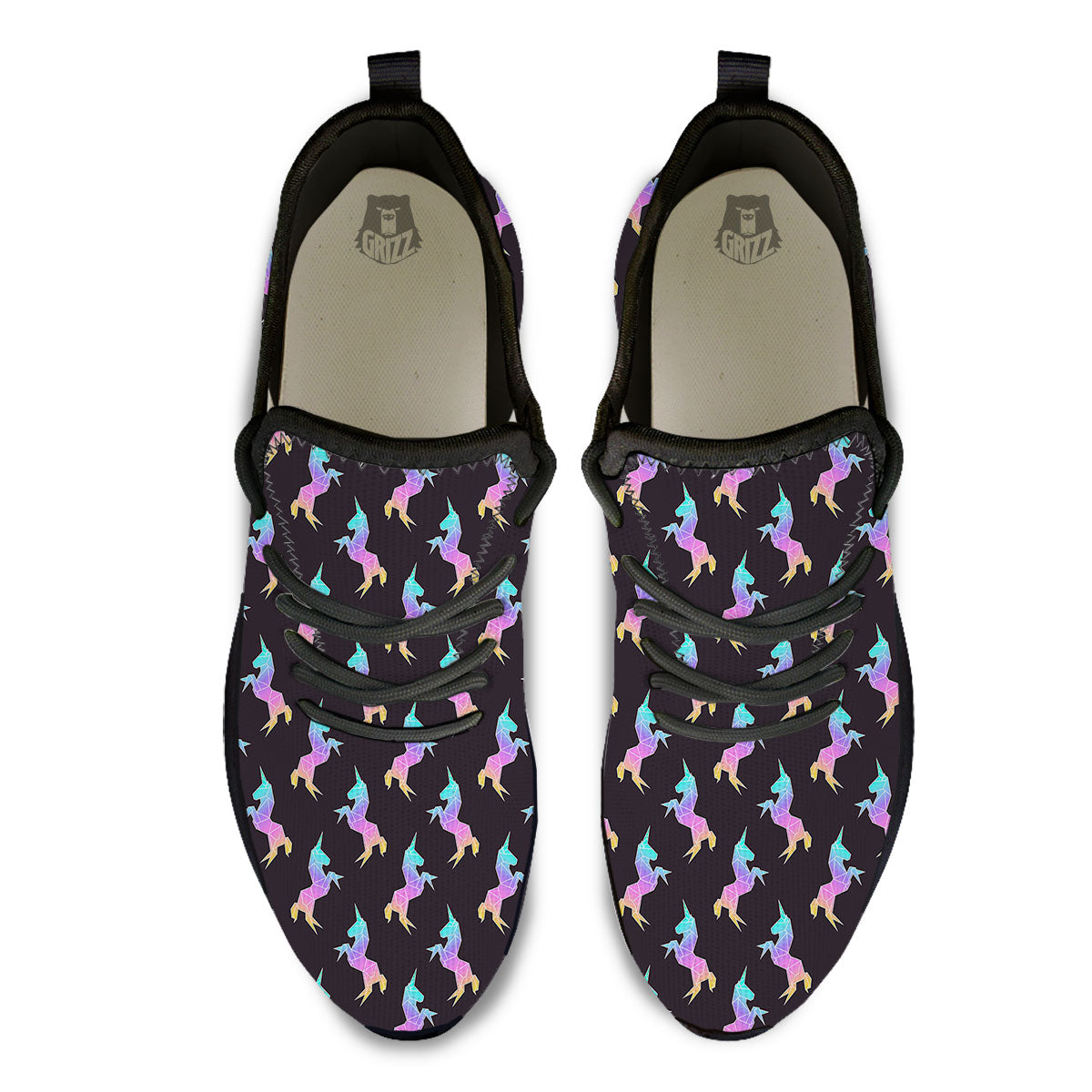 Unicorn Rainbow Origami Print Pattern Black Athletic Shoes-grizzshop