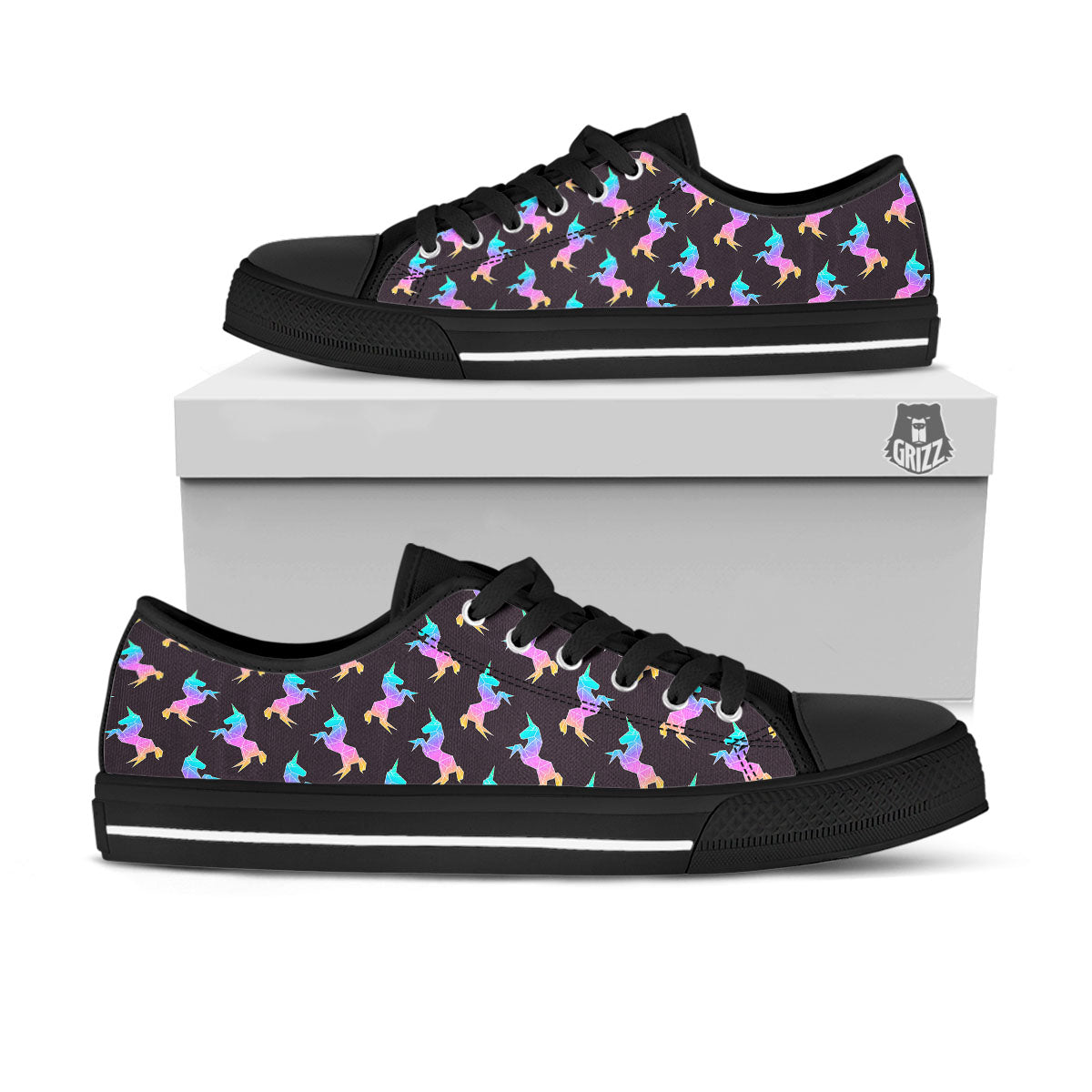 Unicorn Rainbow Origami Print Pattern Black Low Top Shoes-grizzshop
