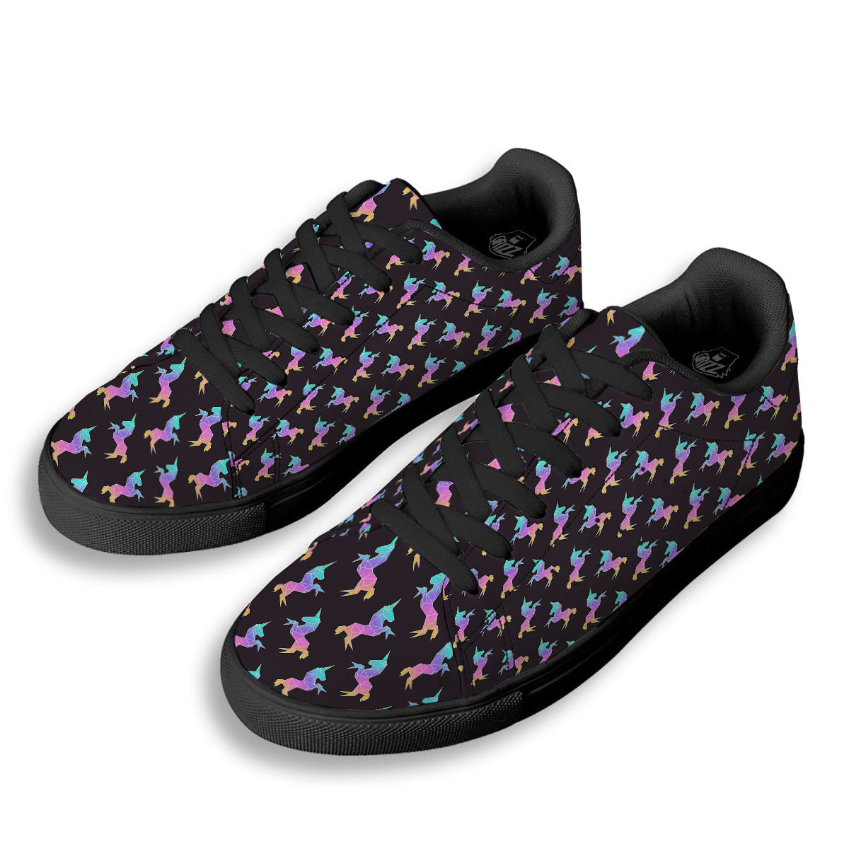 Unicorn Rainbow Origami Print Pattern Black Low Top Sneakers-grizzshop