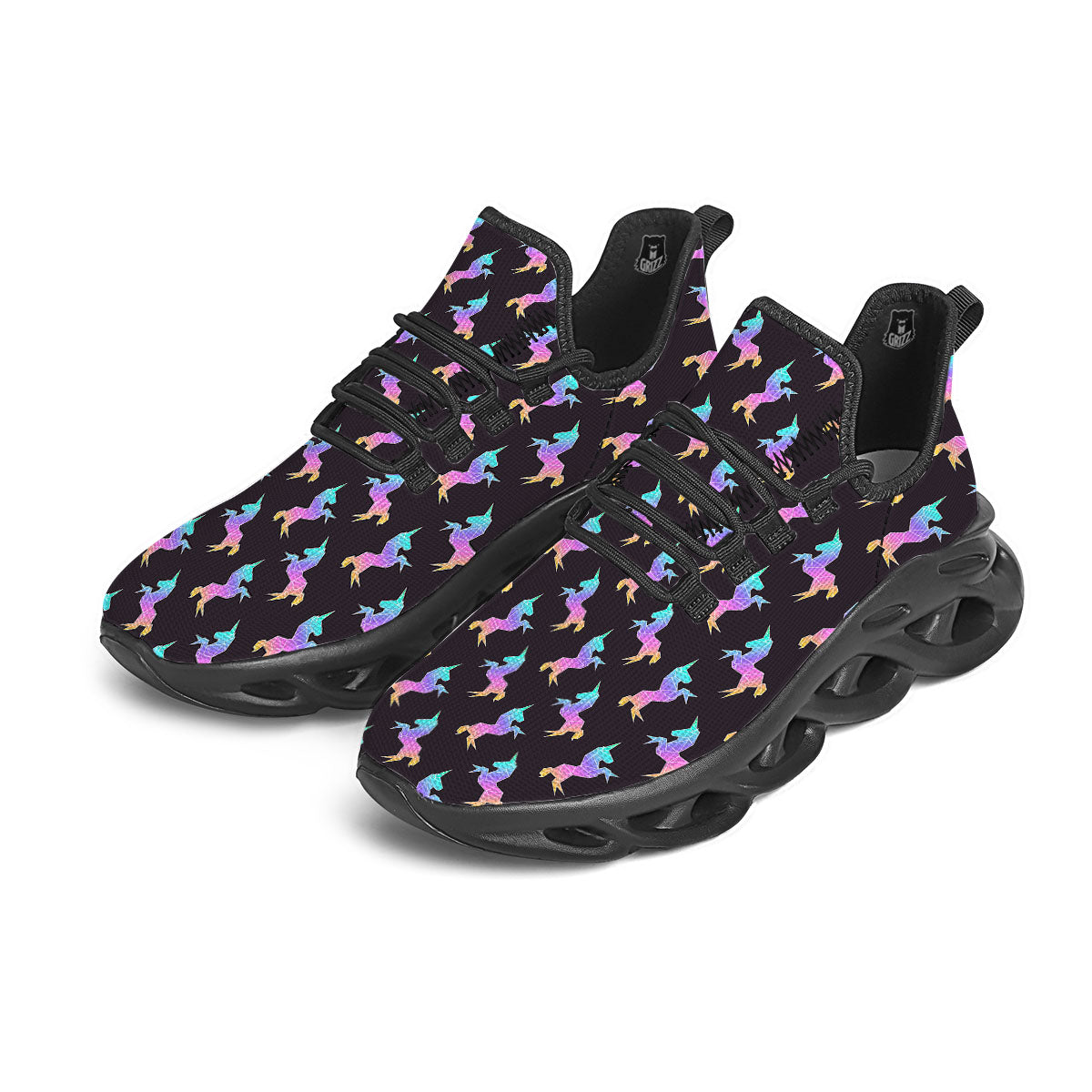 Unicorn Rainbow Origami Print Pattern Black Running Shoes-grizzshop