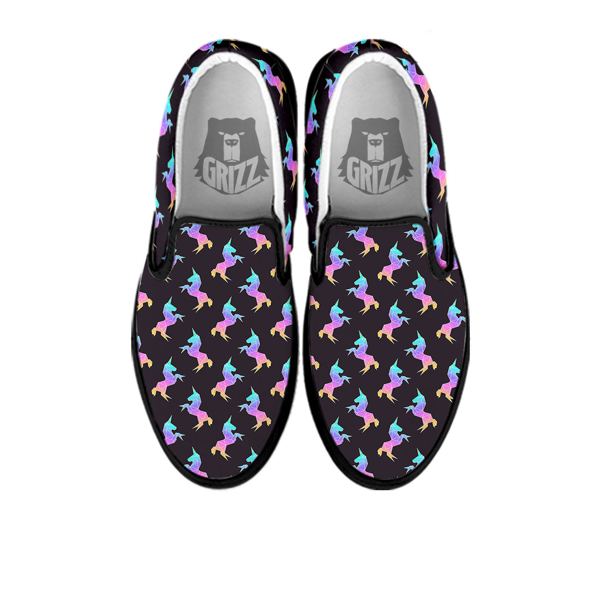 Unicorn Rainbow Origami Print Pattern Black Slip On Shoes-grizzshop