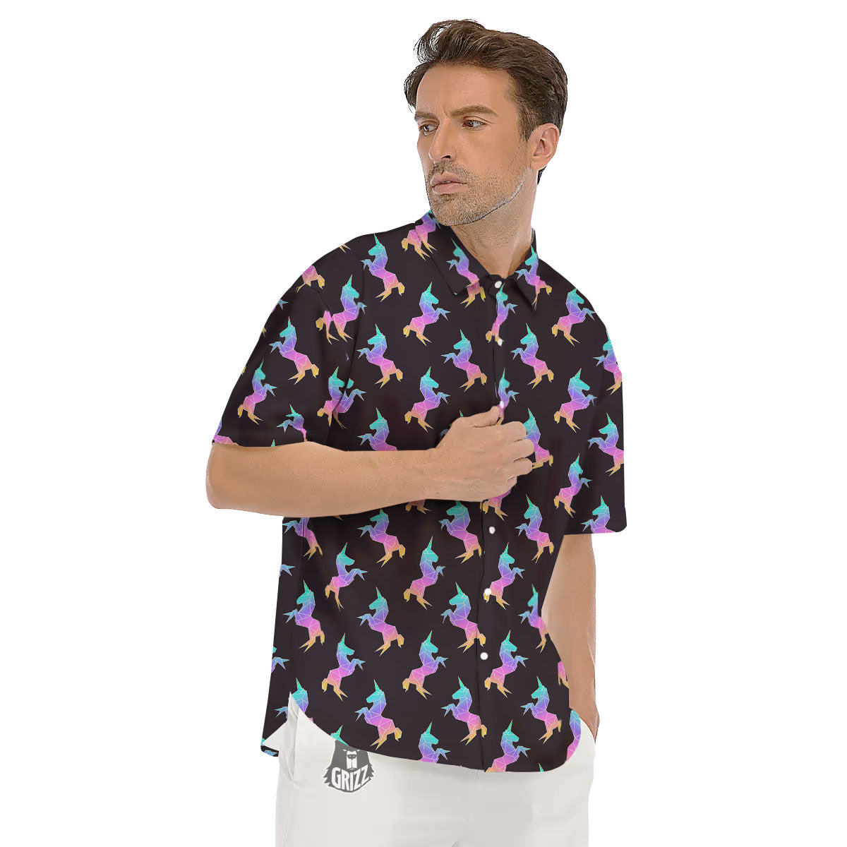 Unicorn Rainbow Origami Print Pattern Men's Short Sleeve Shirts-grizzshop