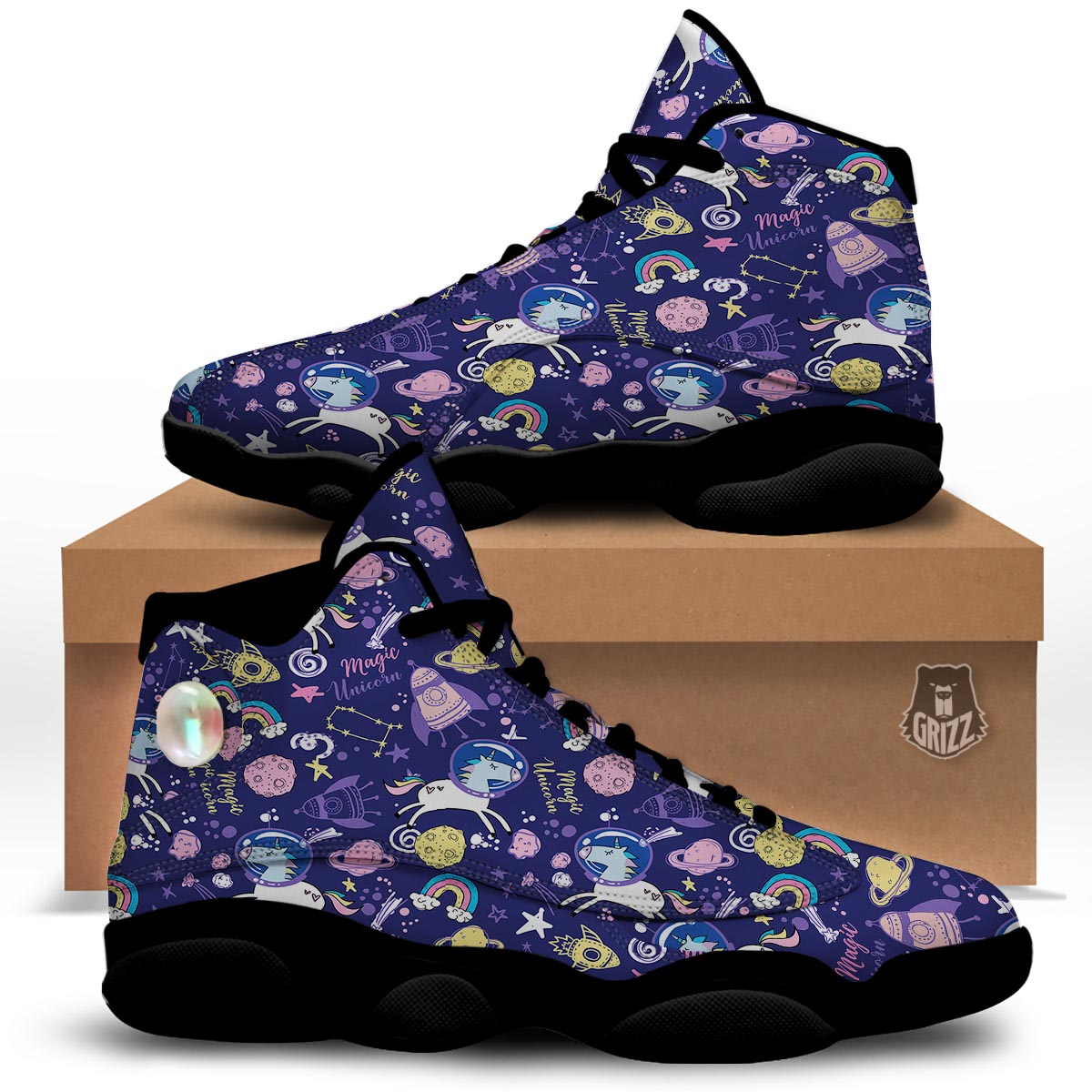 Unicorn Space Astronaut Print Pattern Black Basketball Shoes-grizzshop