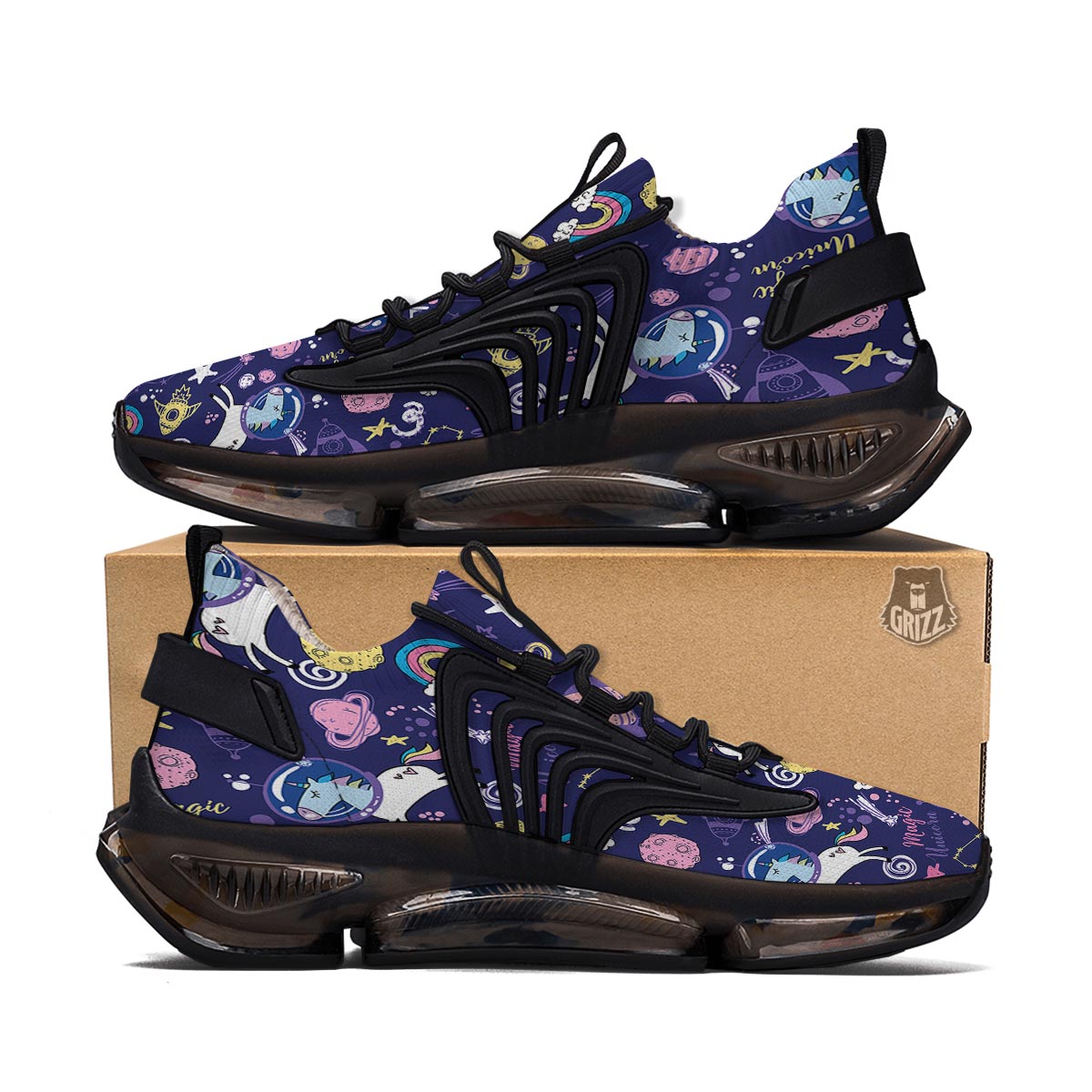 Unicorn Space Astronaut Print Pattern Black Gym Shoes-grizzshop
