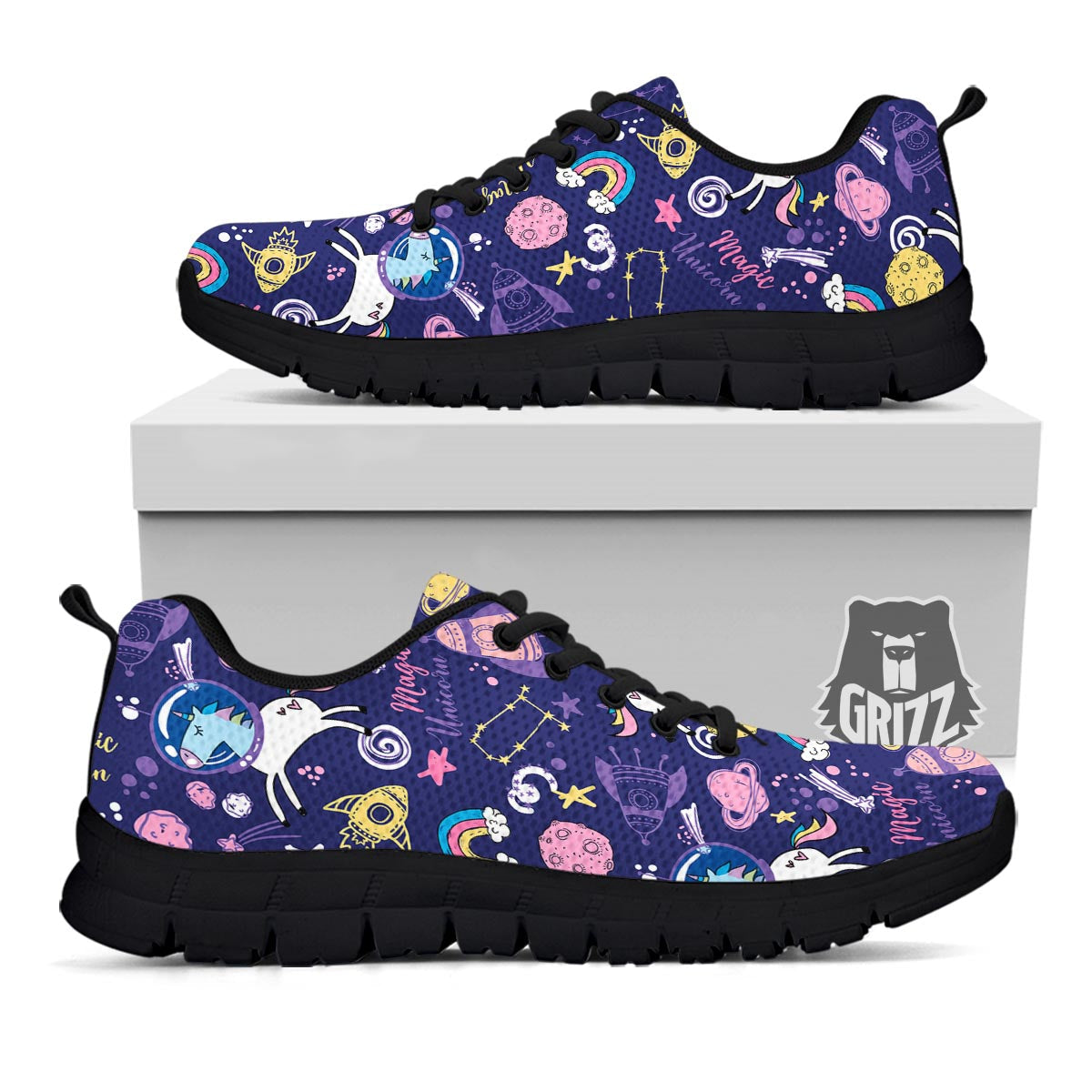 Unicorn Space Astronaut Print Pattern Black Sneaker-grizzshop