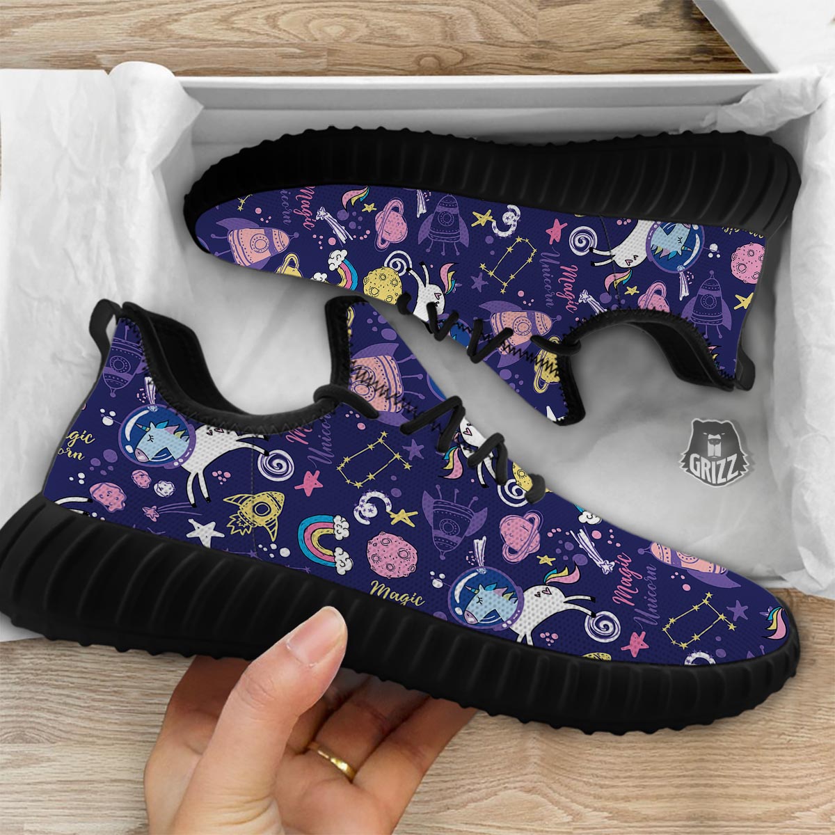 Unicorn Space Astronaut Print Pattern Black Walking Shoes-grizzshop