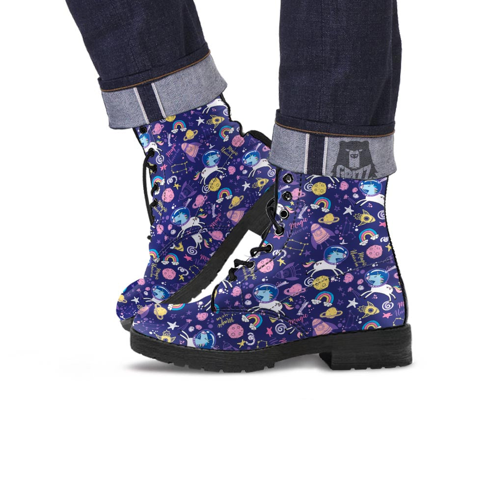 Unicorn Space Astronaut Print Pattern Leather Boots-grizzshop