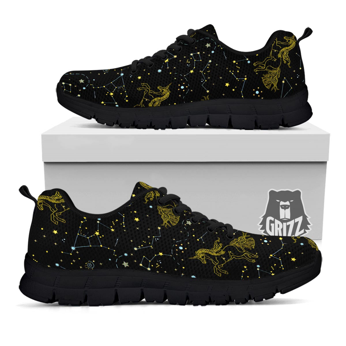 Unicorn Star Space Print Pattern Black Sneaker-grizzshop