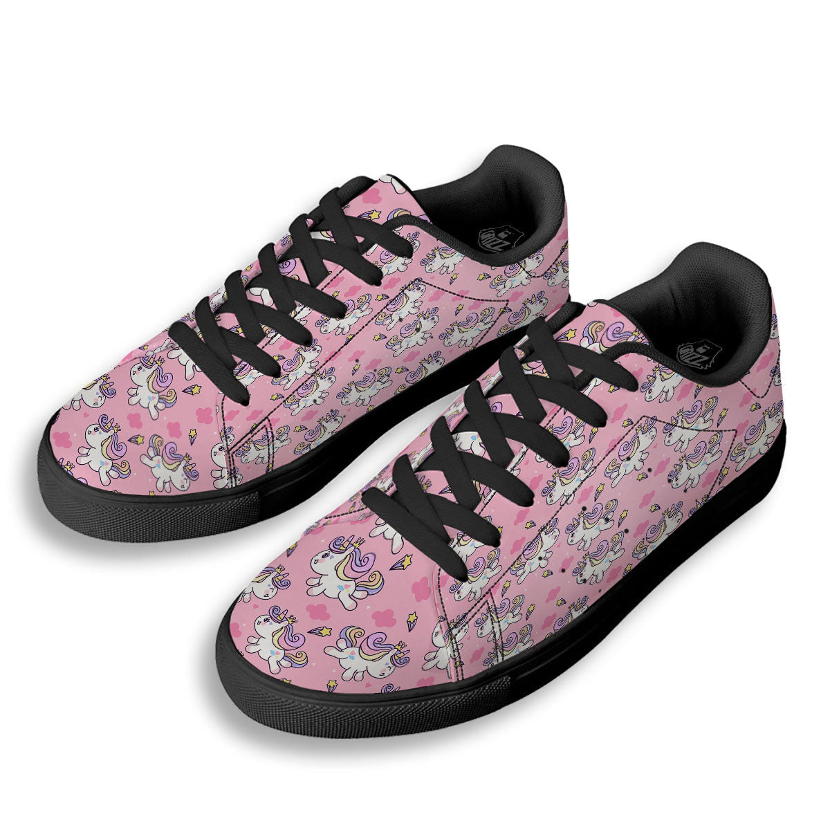 Unicorn White Girly Print Pattern Black Low Top Sneakers-grizzshop