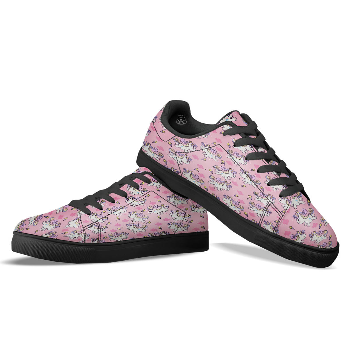 Unicorn White Girly Print Pattern Black Low Top Sneakers-grizzshop
