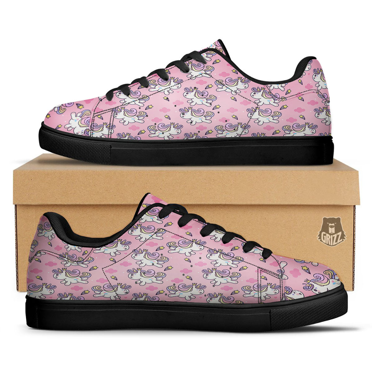 Unicorn White Girly Print Pattern Black Low Top Sneakers-grizzshop